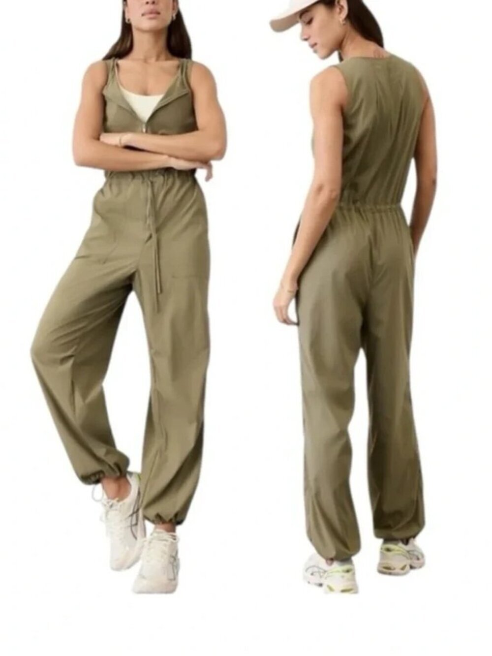 Athleta Flex Jumpsuit Womens M Green Sleeveless Straight Leg One Piece Travel UV
